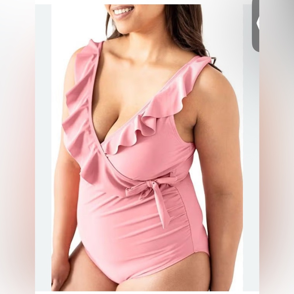 Kindred Bravely Peachy-Pink Ruffle Wrap One-Piece Maternity Swimsuit